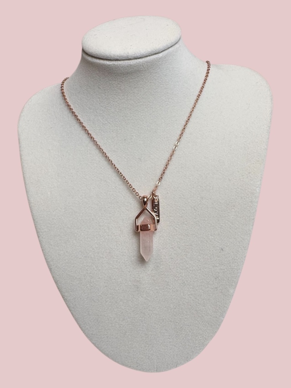 Rose Quartz Pendant on a 14K Gold Flash Plated Rose Gold Chain by LA CN